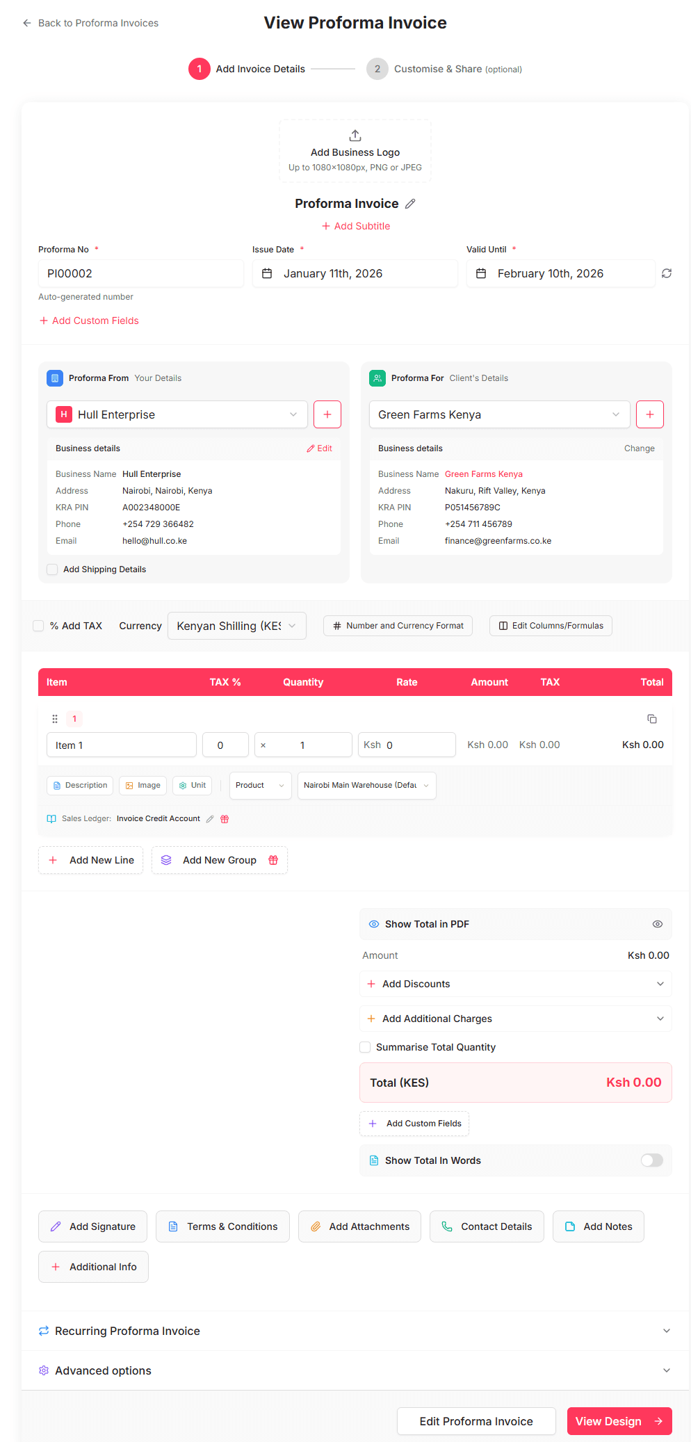 Vendly proforma invoice generator preview