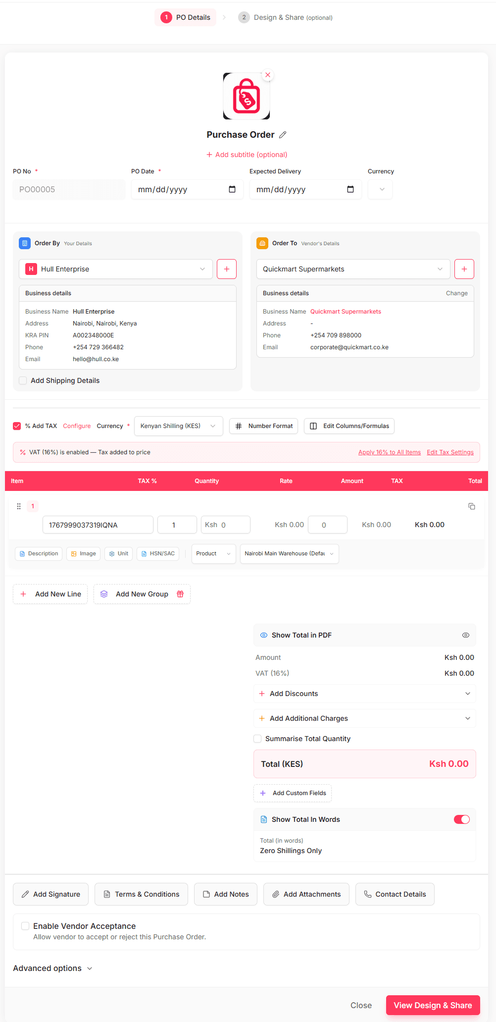 Vendly purchase order generator preview